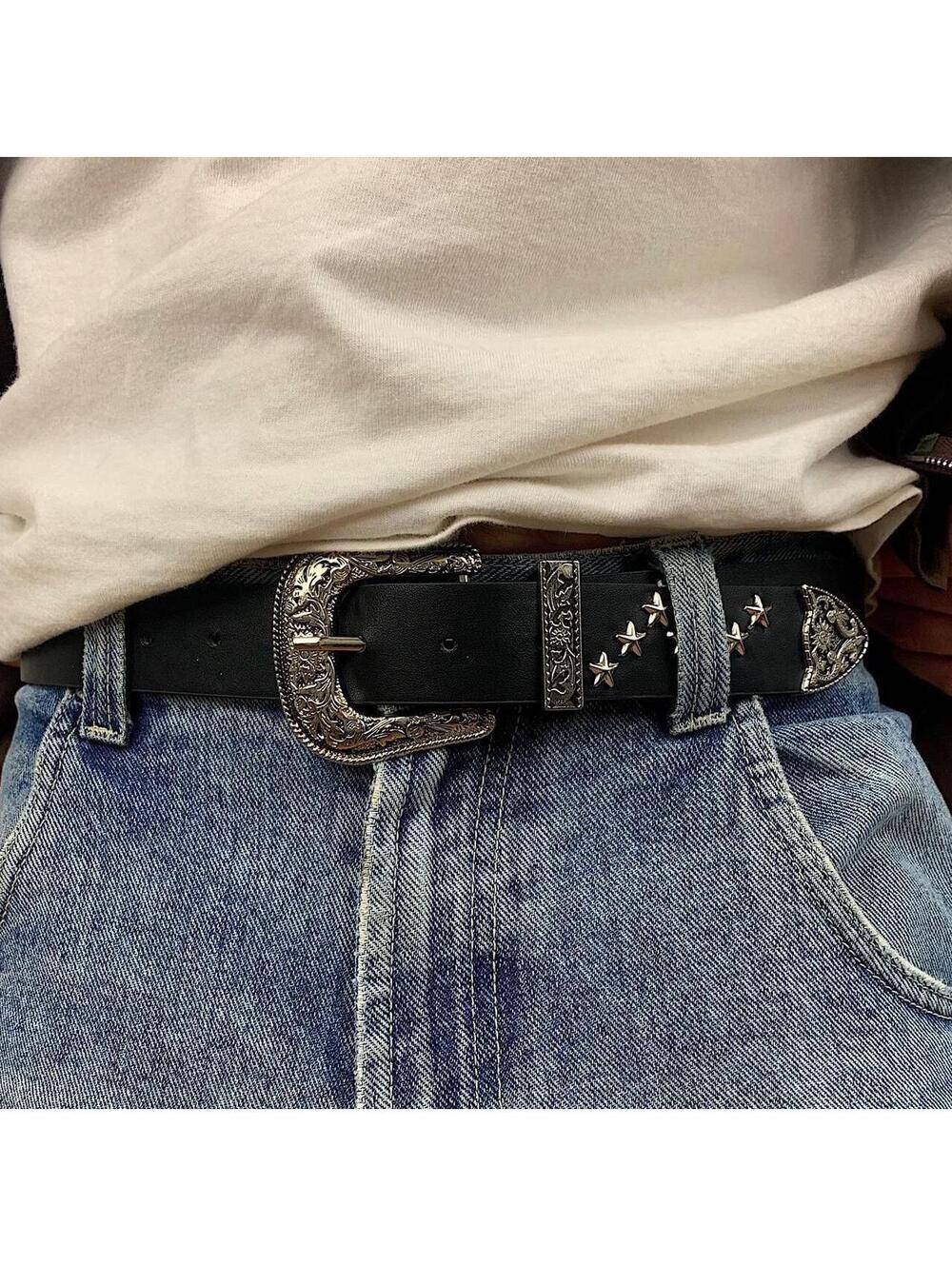Western star studded black belt. 38.5 inches length. 1.5 inch width. Fits a - Picture 1 of 7